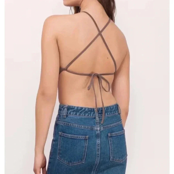 Mocha Brown Bodysuit Backless Side Cut Out TOBI Medium Strappy Low Back Halter - Picture 13 of 14